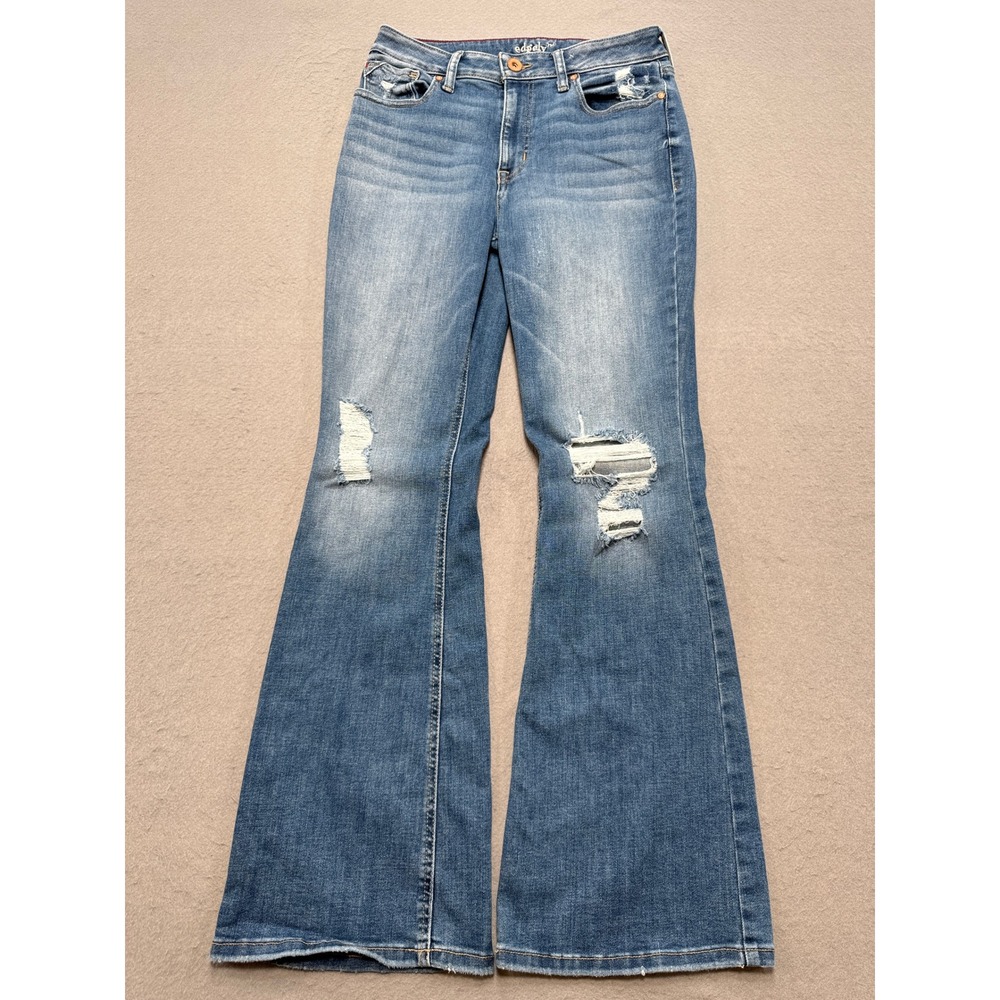Edgely Flare Jeans Women's 12 Blue Medium Wash Distressed High Rise Curvy